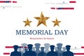 Happy Memorial Day. Greeting card with USA flag and silhouette soldiers on background. National American holiday event. Flat