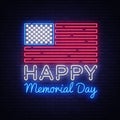 Happy Memorial Day neon sign. Neon signboard greeting card, light banner, night sign advertising celebration Memorial Royalty Free Stock Photo