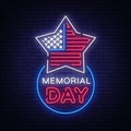 Happy Memorial Day neon sign. Neon signboard greeting card, light banner, night sign advertising celebration Memorial Royalty Free Stock Photo