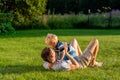 Happy father and son having fun outdoor on meadow Royalty Free Stock Photo