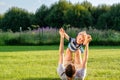 Happy father and son having fun outdoor on meadow Royalty Free Stock Photo