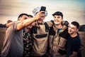 Happy men friends making group selfie photography concept strong male friendship lifestyle