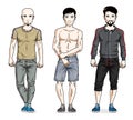 Happy men group standing in stylish sportswear. Vector diverse p