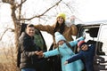 Happy man near modern car with his family Royalty Free Stock Photo