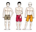 Happy men posing with athletic body, wearing beach shorts. Vector diverse people illustrations set.