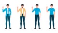 Happy men shows gesture of victory by hand and other hand on waist. flat hand gesture vector