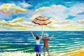 Happy men and women on the beach. Colorful oil color paintings