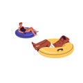 Happy men and women floating on inflatable circles in aquapark. People relax on water. Girl and boy lying on lifebuoys Royalty Free Stock Photo