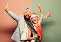 Happy man and woman wear santa hats and funny sunglasses. Christmas party office. Manager tinsel celebrate new year Royalty Free Stock Photo