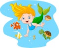 Happy mermaid with sea animal on sea water background