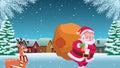 Happy merry christmas card with santa claus and reinder in the snowscape