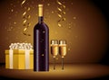 happy merry christmas champagne bottle and cupe with gifts