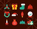 Happy merry christmas, decoration ornaments season celebration festive flat icons set style Royalty Free Stock Photo