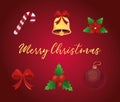 Happy merry christmas, greeting card gold bell candy flower bow ball icons set detailed Royalty Free Stock Photo