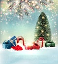 Happy Merry Christmas and New Year holiday background with colorful presents and magic box Royalty Free Stock Photo