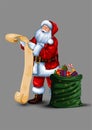 happy merry Christmas Santa clause holding parchment roll reading letter wish list preparing for xmas eve with holding gift box. Royalty Free Stock Photo