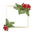 Happy merry christmas tree branches and cherries frame