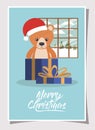 Happy mery christmas card with bear teddy in gift