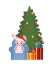 Happy mery christmas card with pine tree and rabbit