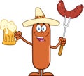 Happy Mexican Sausage Cartoon Character Holding A Beer And Weenie On A Fork Royalty Free Stock Photo