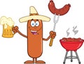 Happy Mexican Sausage Cartoon Character Holding A Beer And Weenie Next To BBQ