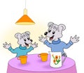 Happy mice haing a chat at the table.