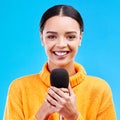 Happy, microphone and portrait of woman in studio for singing, karaoke and journalist. Reporter, news announcement and