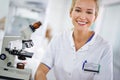 Happy, microscope or portrait of scientist or woman in laboratory for research, medical analysis or test. Smile Royalty Free Stock Photo