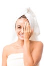 Happy Mid Adult Woman Hiding Her Beauty Royalty Free Stock Photo