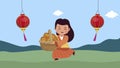 happy mid autumn festival animation with asian girl lifting mooncakes basket