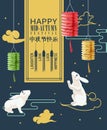 Happy Mid Autumn Festival background with white cute moon rabbits