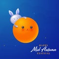 Happy Mid Autumn Festival Celebration Concept with Astronaut Bunny or Rabbit Conquer Smiley Full Moon on Blue Night