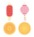 Happy mid autumn festival, chinese lanterns and mooncakes icons