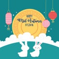 Happy mid autumn festival, funny bunnies mooncake lanterns clouds poster