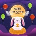 Happy mid autumn festival - Rabbit sit on big mooncake and hold mooncakes at fullmoon night with star clude and lantern around