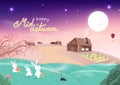 Happy Mid Autumn, harvest season, cute bunny cartoon and Sakura falling with full moon in village, fantasy concept, invitation