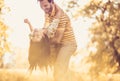 Happy middle age couple at nature. Enjoyment.