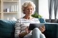 Happy middle aged elderly retired woman using digital computer tablet. Royalty Free Stock Photo