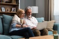 Happy middle aged family couple relaxing on sofa, using computer web surfing information shopping together at home. Elderly man Royalty Free Stock Photo