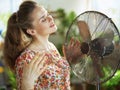 Happy middle aged housewife enjoying fan blowing in face Royalty Free Stock Photo