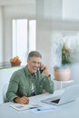 Happy middle aged man talking on phone using laptop at home. Vertical. Royalty Free Stock Photo