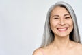 Happy middle aged mature asian woman headshot portrait. Skin care, eye care ads Royalty Free Stock Photo