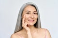 Happy middle aged mature asian woman headshot portrait. Skin care, eye care ads