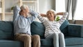 Happy middle aged retired married couple resting on comfortable sofa. Royalty Free Stock Photo