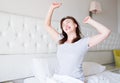 Happy middle aged woman lie in bed. Good morning and sleep concept. Menopause and healthy lifestyle. Selective focus. Banner