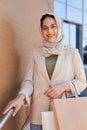 Happy Middle-Eastern Woman by Shopping Mall Royalty Free Stock Photo