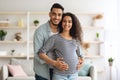 Happy middle-eastern man hugging his beautiful pregnant wife, posing together Royalty Free Stock Photo