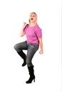 Happy middleaged woman stands dancin Royalty Free Stock Photo