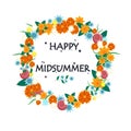 Happy Midsummer greeting poster. Floral wreath and lettering Glad Midsommer. Template for Sweden longest summer day holiday banner