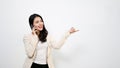 Happy Asian businesswoman talking on the phone and opening her palm. isolated white background Royalty Free Stock Photo